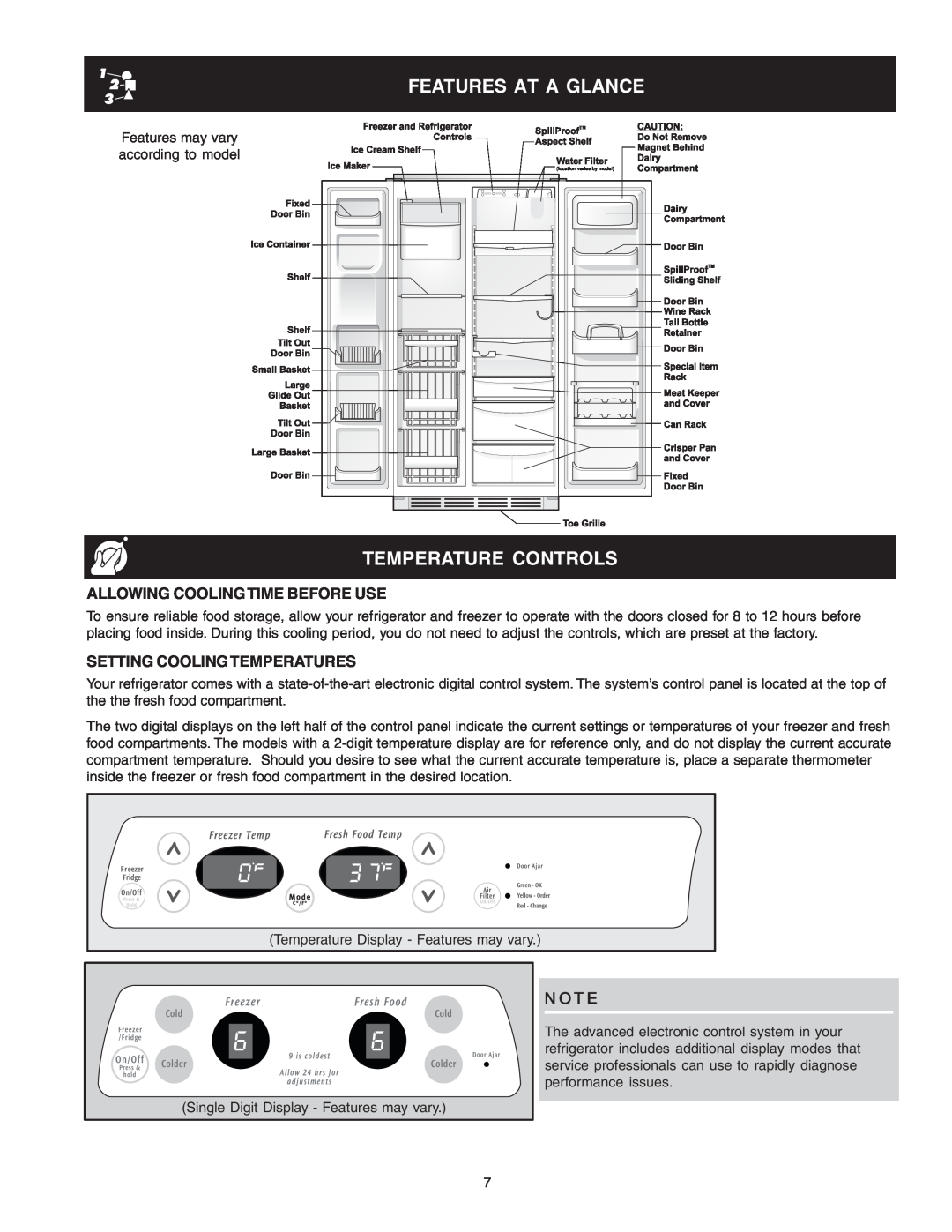 Frigidaire 241721000 manual Features At A Glance, Temperature Controls, Allowing Coolingtime Before Use 