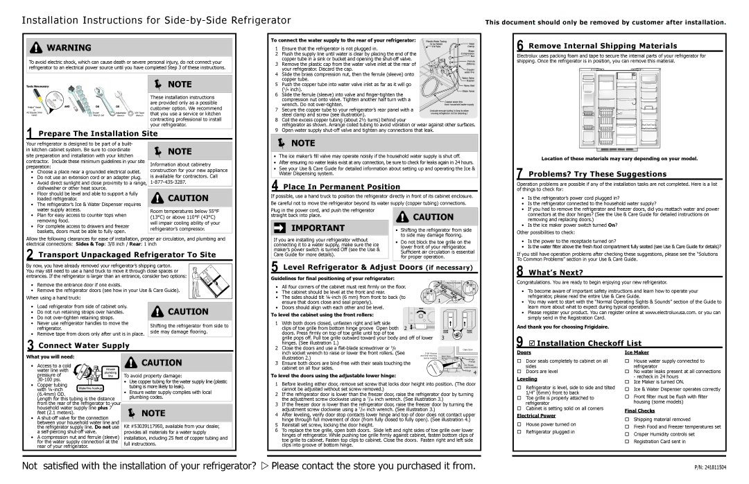 Frigidaire 241811504 installation instructions Remove Internal Shipping Materials, Prepare The Installation Site 