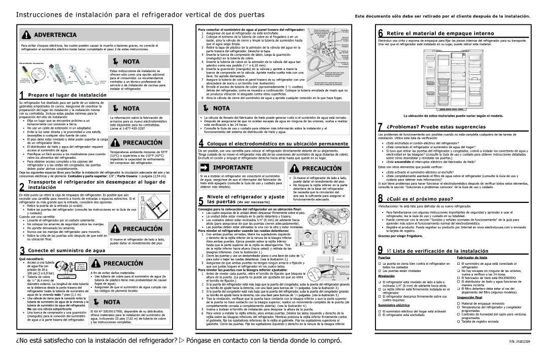 Frigidaire 241811504 installation instructions Advertencia,  Nota, Importante Precaución 