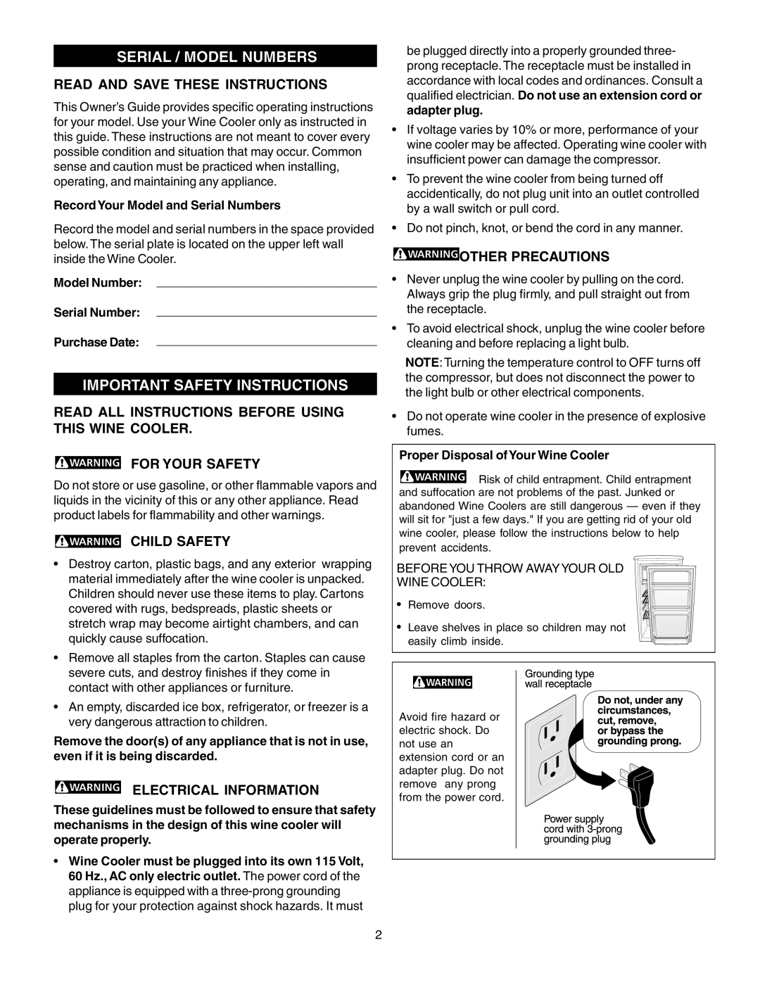 Frigidaire 241846000 warranty Serial / Model Numbers, Important Safety Instructions 