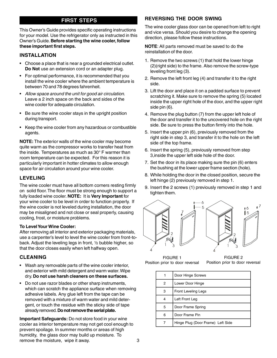 Frigidaire 241846000 warranty First Steps, Installation, Leveling, Cleaning, Reversing the Door Swing 