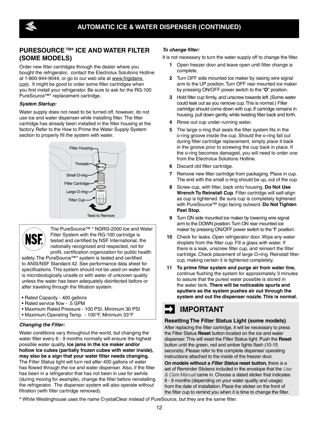 Frigidaire 241856001 PureSource TM* Ice and Water Filter some models, Resetting The Filter Status Light some models 