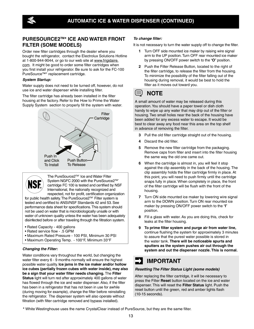 Frigidaire 241856001 PureSource2TM* Ice and Water Front Filter some models, Resetting The Filter Status Light some models 