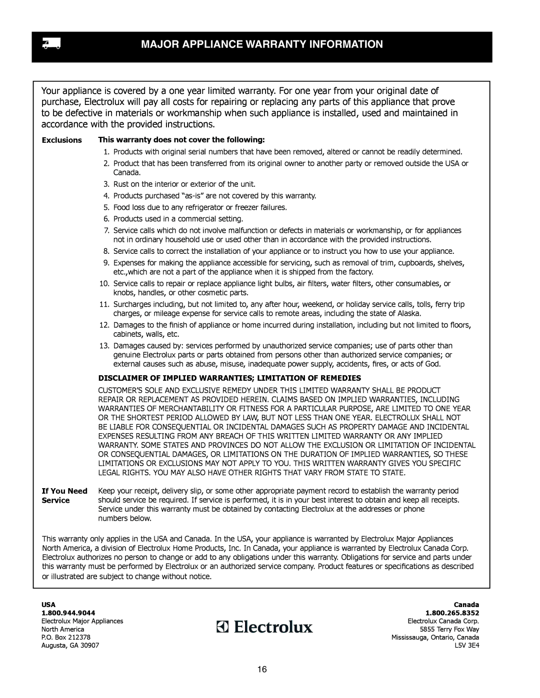 Frigidaire 241856001 important safety instructions Major appliance warranty information, Exclusions 