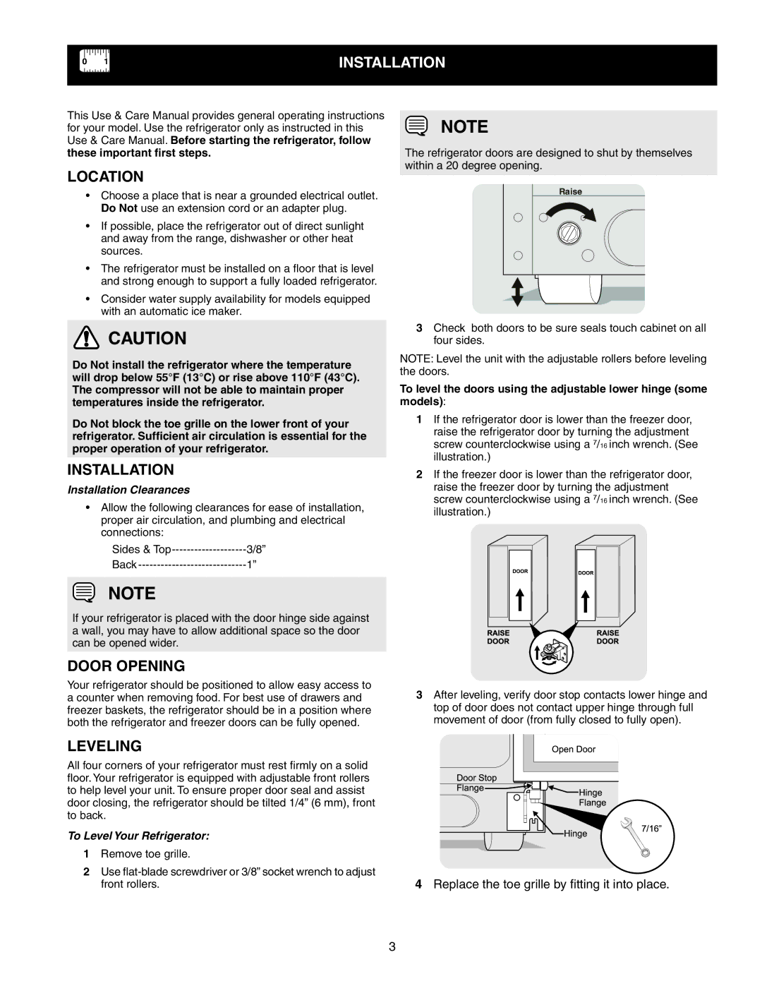 Frigidaire 241856001 important safety instructions Installation, Location, Door opening, Leveling 