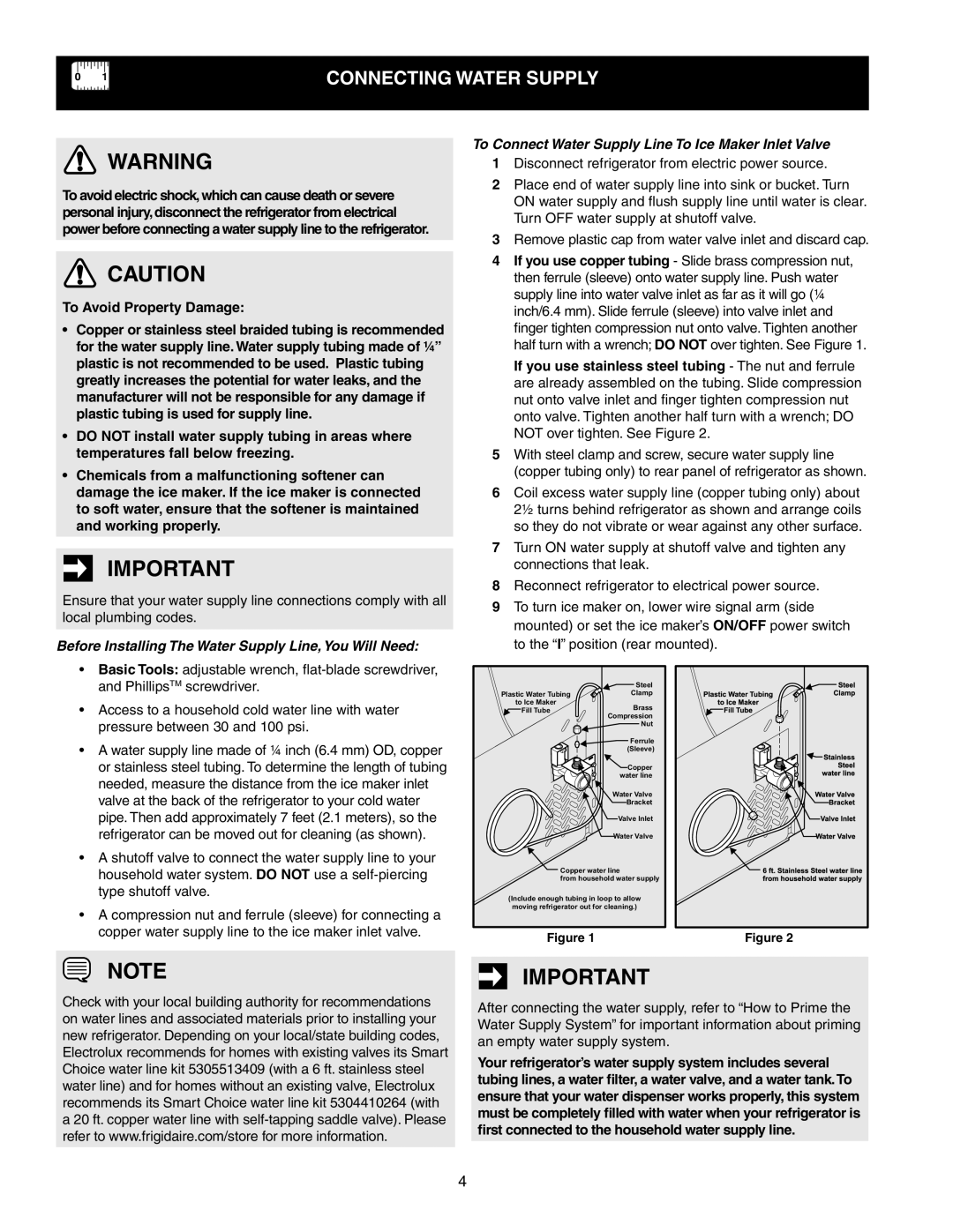 Frigidaire 241856001 Connecting Water Supply, To Connect Water Supply Line To Ice Maker Inlet Valve 