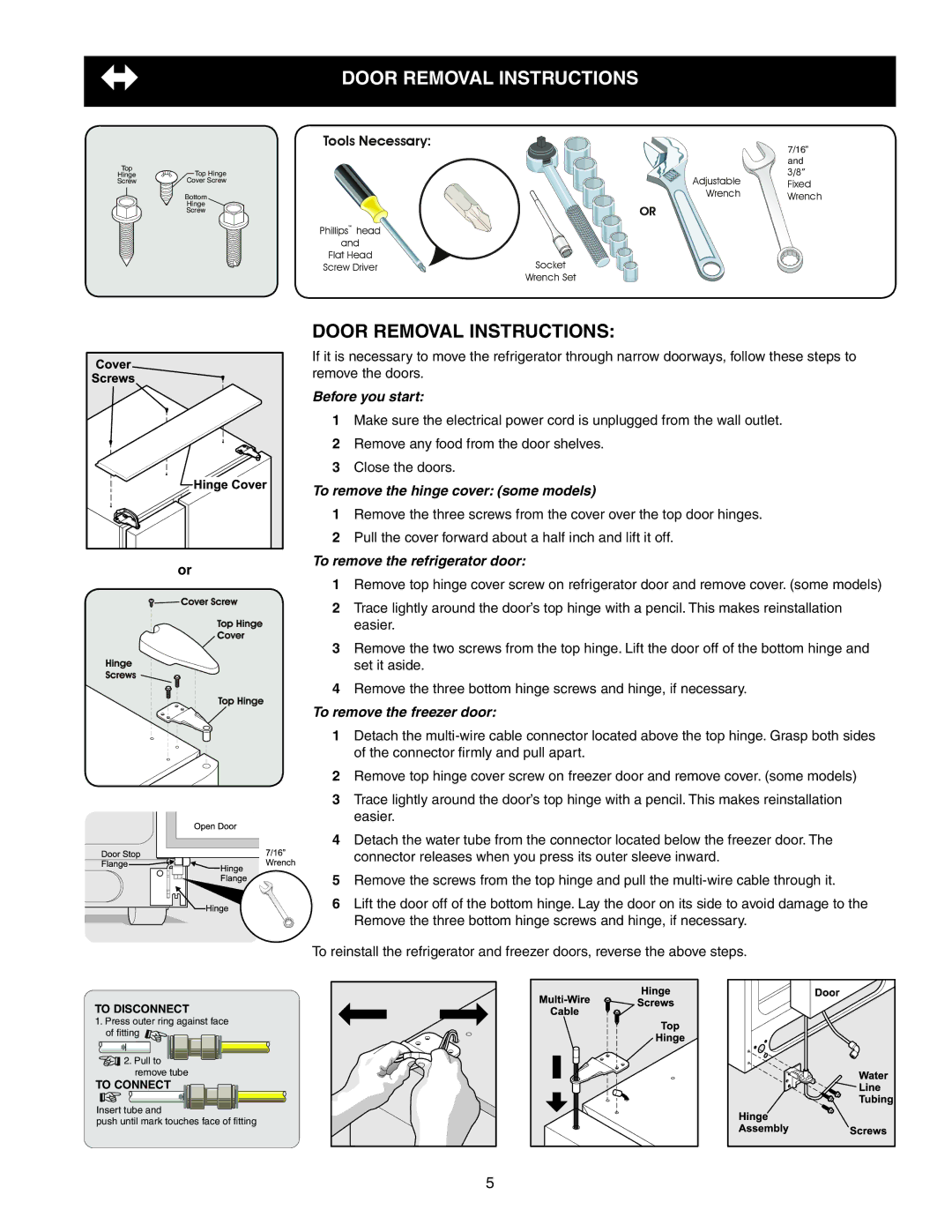 Frigidaire 241856001 important safety instructions Door Removal Instructions, Door removal instructions 