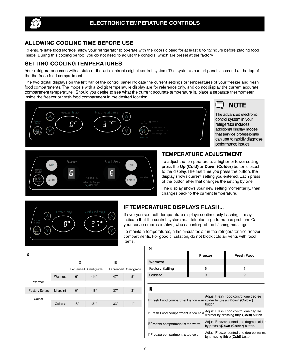 Frigidaire 241856001 Electronic Temperature Controls, Allowing Cooling Time Before Use, Setting Cooling Temperatures 