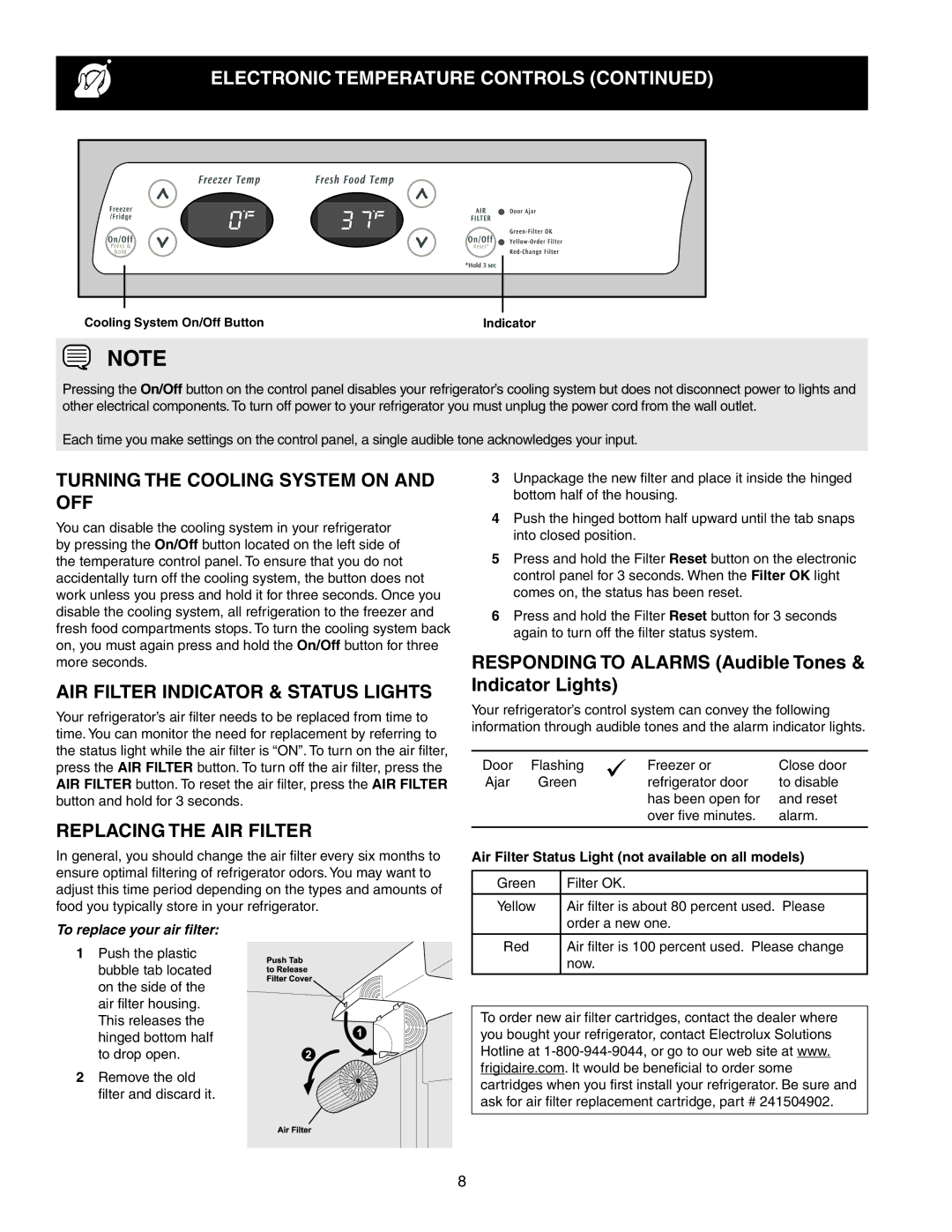 Frigidaire 241856001 Turning the Cooling system on and off, Air Filter Indicator & Status Lights, Replacing The Air Filter 