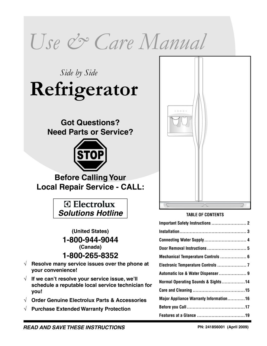Frigidaire 241856001 important safety instructions United States, Canada, √ Order Genuine Electrolux Parts & Accessories 