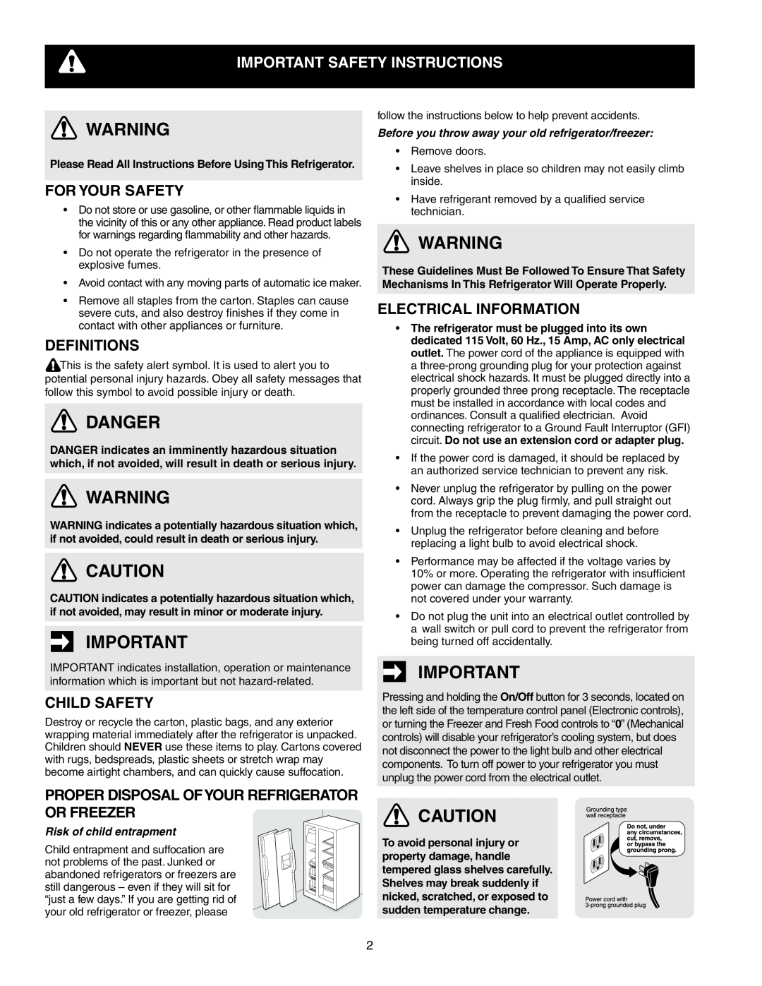 Frigidaire 241856001 Danger, Important Safety Instructions, For Your Safety, Definitions, Electrical information 