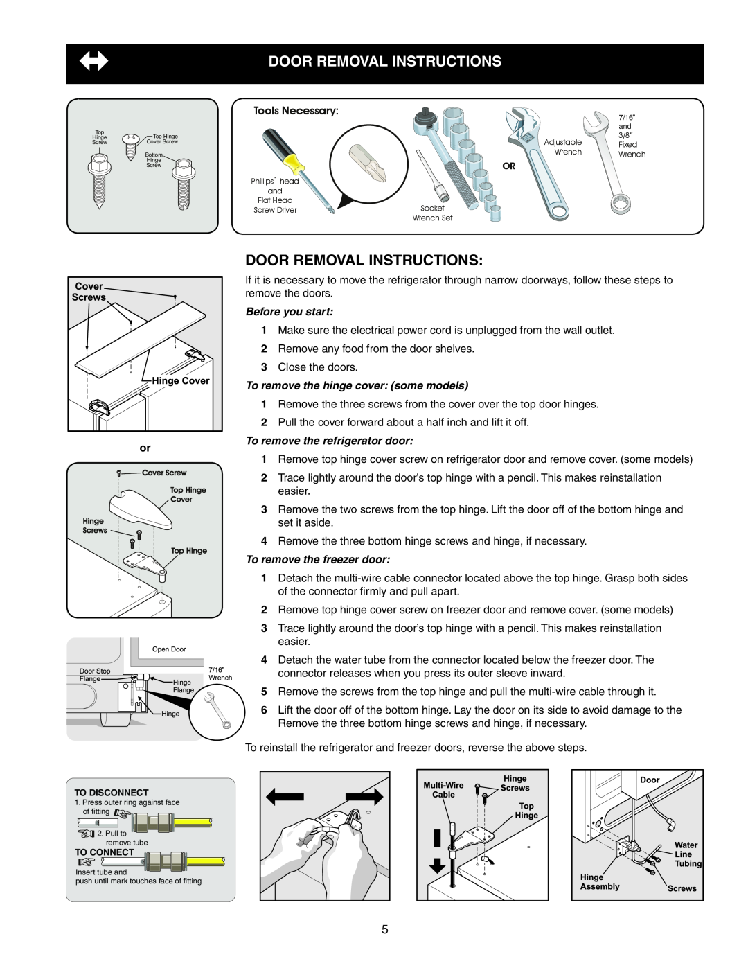 Frigidaire 241856001 Door Removal Instructions, door removal instructions, Tools Necessary, Before you start 