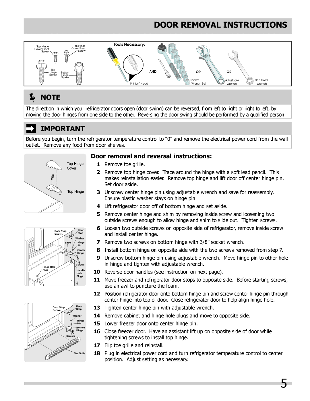 Frigidaire 242008000 manual Door Removal Instructions, Door removal and reversal instructions 