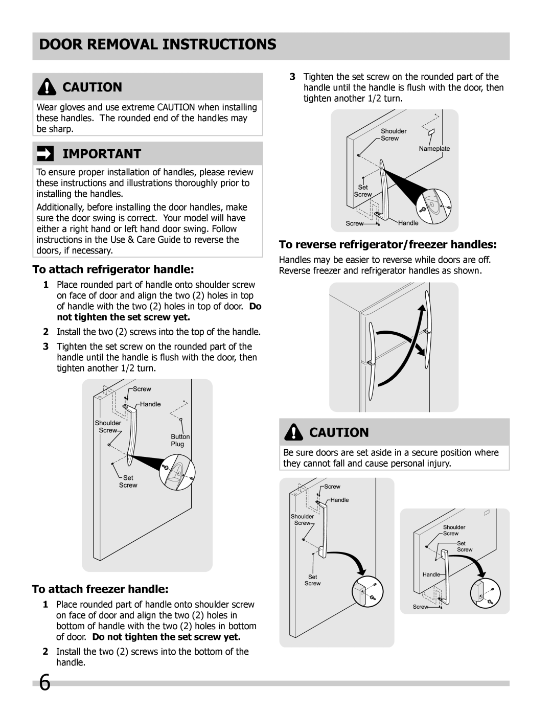 Frigidaire 242008000 To attach refrigerator handle, To reverse refrigerator/freezer handles, To attach freezer handle 