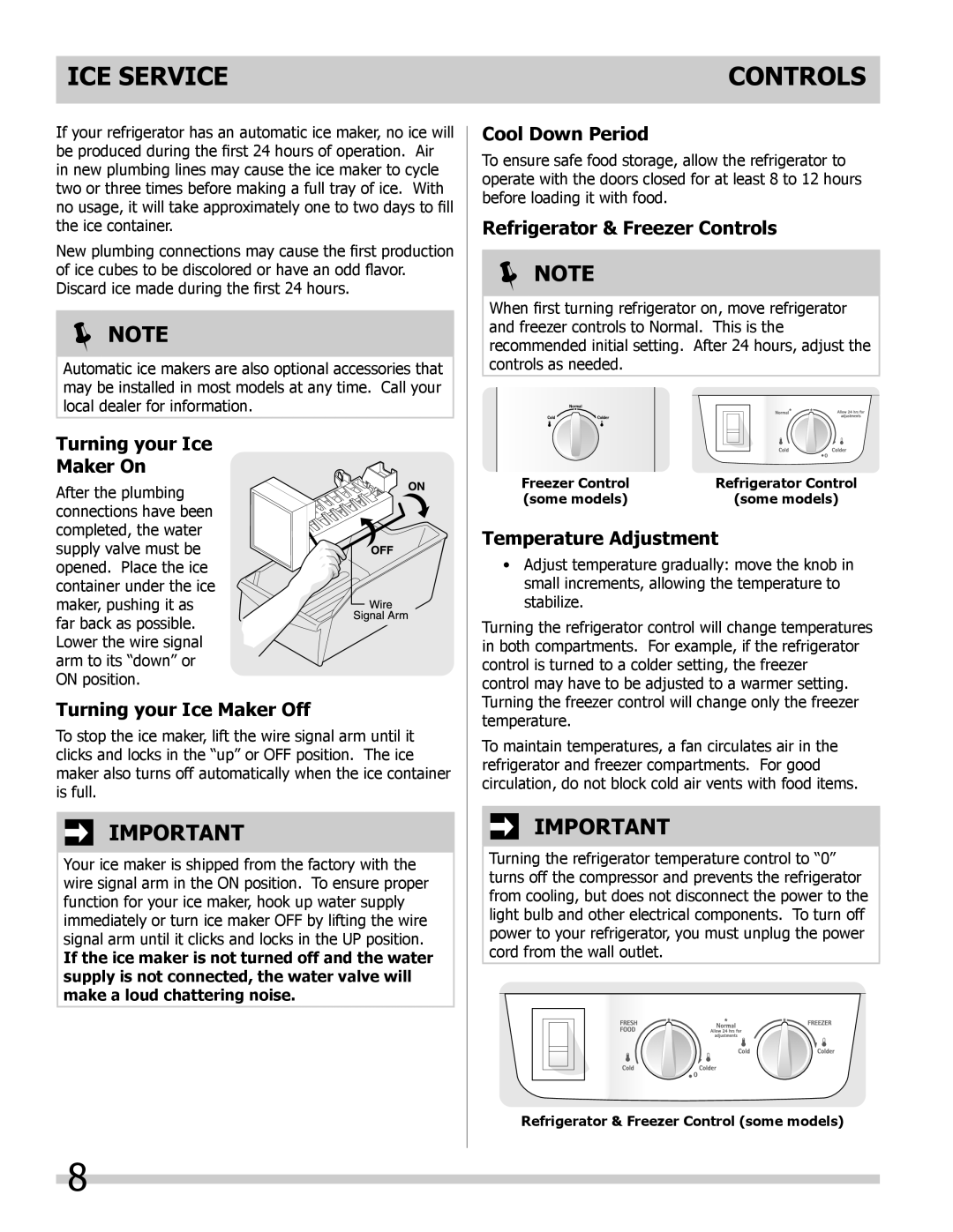 Frigidaire 242008000 manual Ice service Controls 