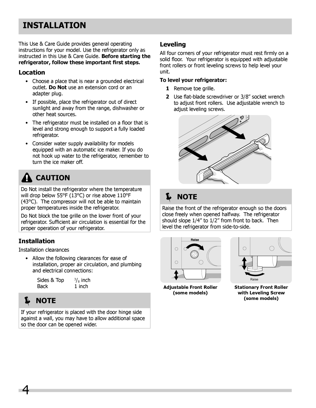 Frigidaire 242008000 manual Installation,  Note, Location, To level your refrigerator, Leveling 