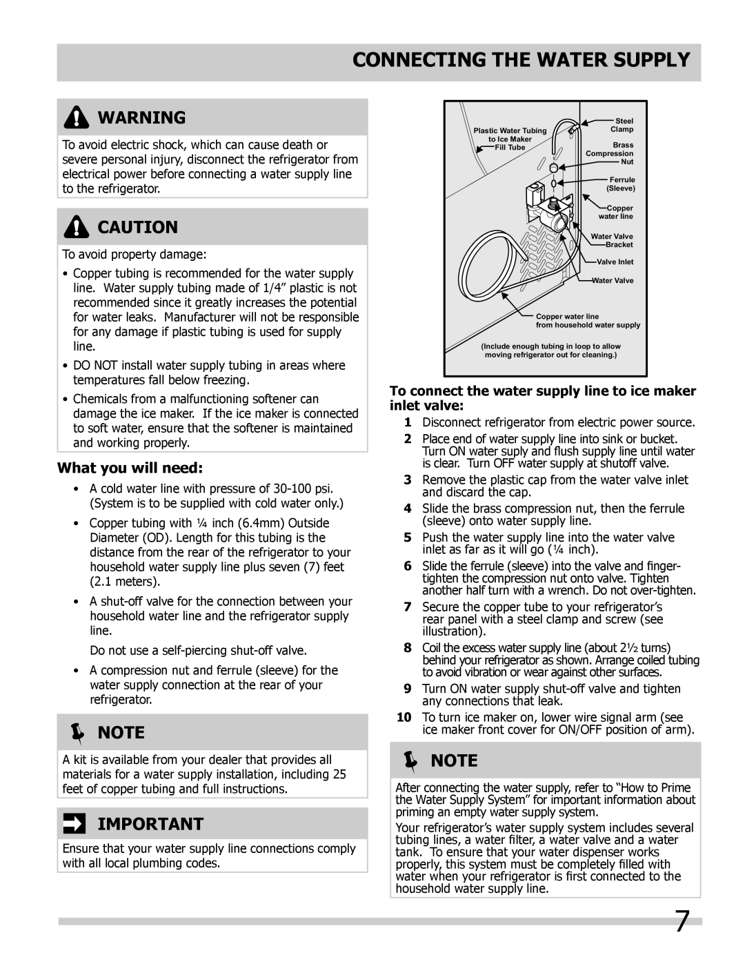 Frigidaire 242008000 manual Connecting the Water Supply, What you will need,  Note 