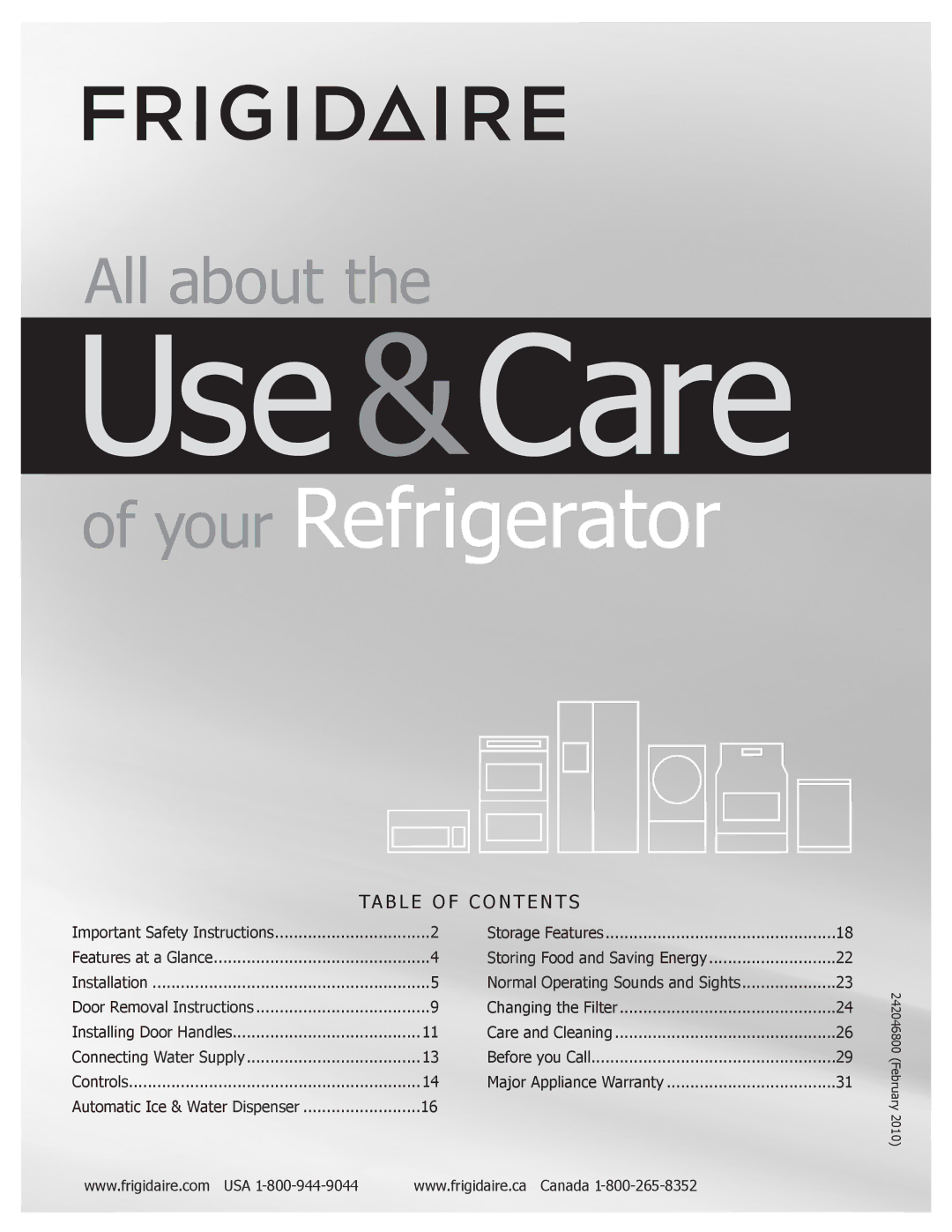 Frigidaire 242046800 important safety instructions Use &Care 