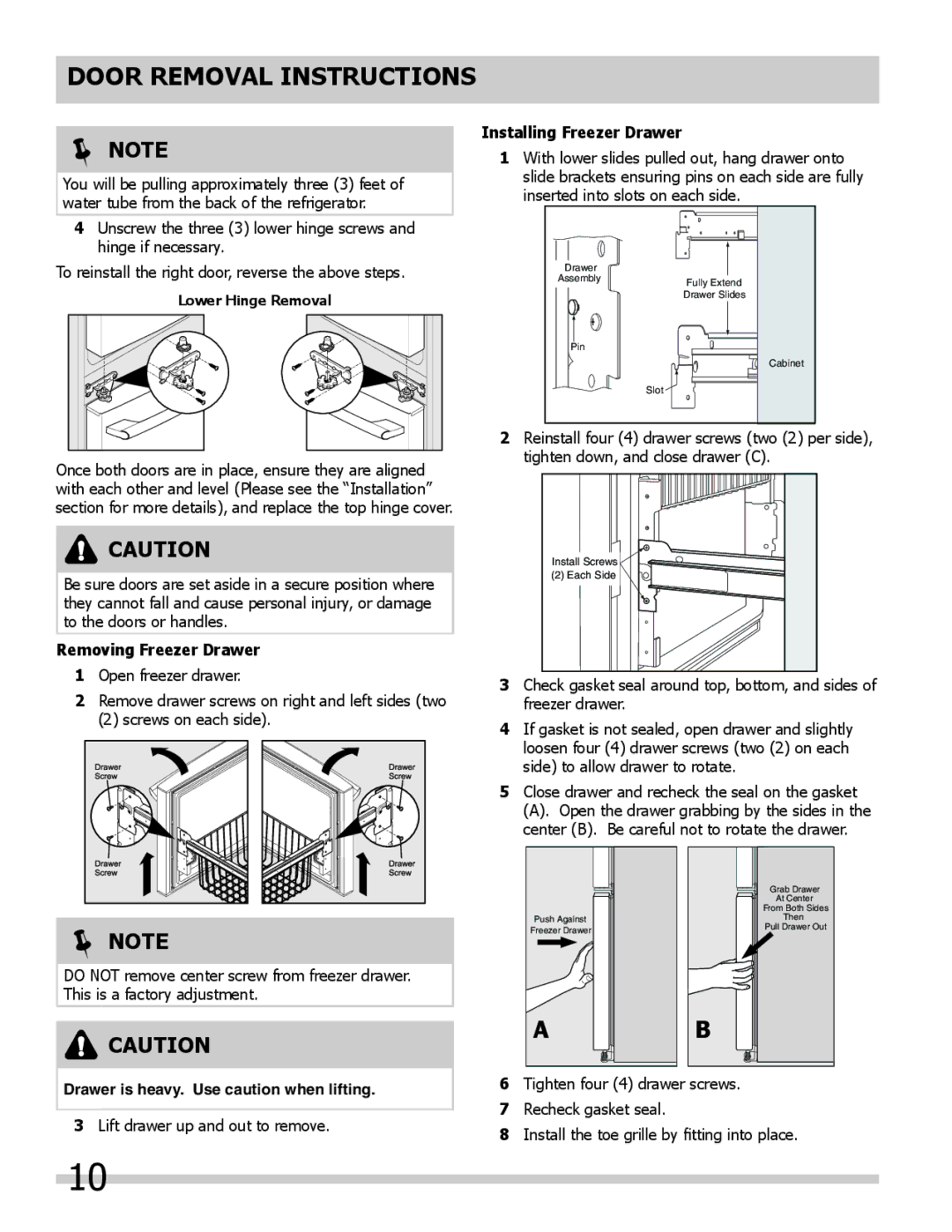 Frigidaire 242046800 Door Removal Instructions, Removing Freezer Drawer, Installing Freezer Drawer 