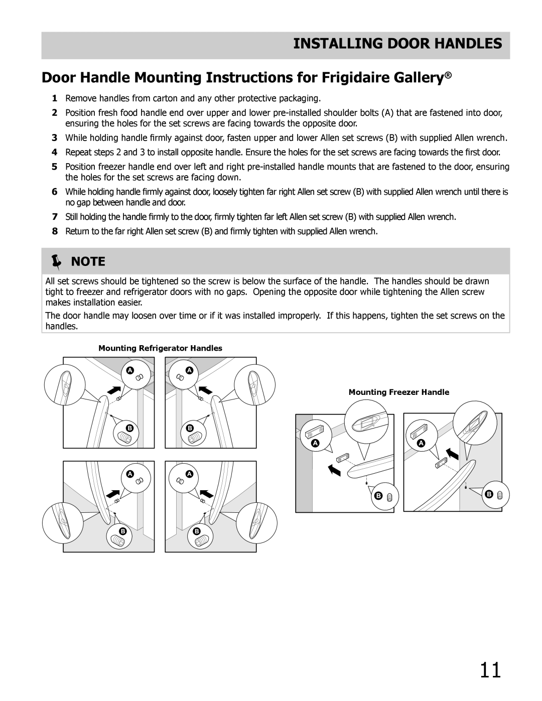 Frigidaire 242046800 important safety instructions Mounting Refrigerator Handles Mounting Freezer Handle 