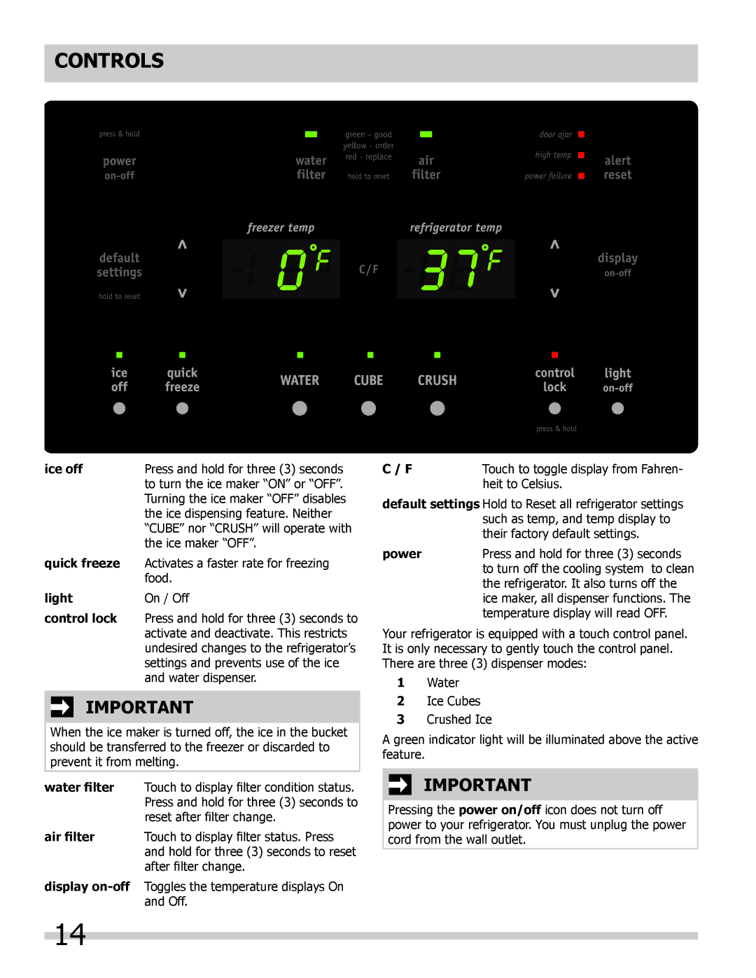 Frigidaire 242046800 important safety instructions Controls 