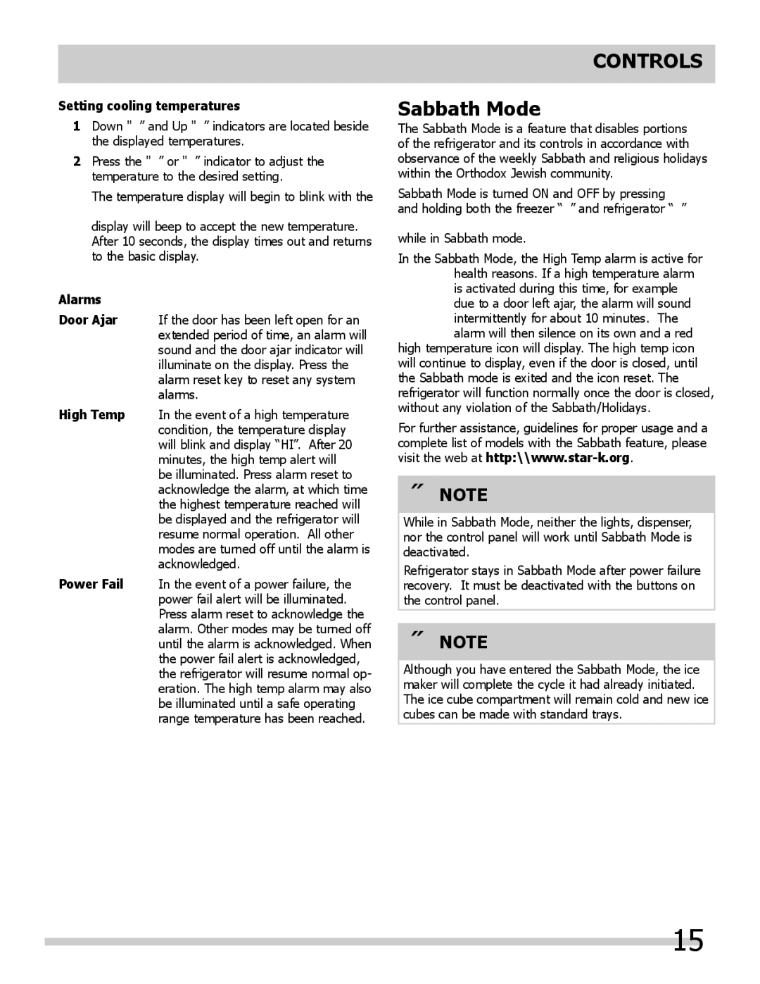 Frigidaire 242046800 important safety instructions Controls Sabbath Mode, Setting cooling temperatures, Alarms 