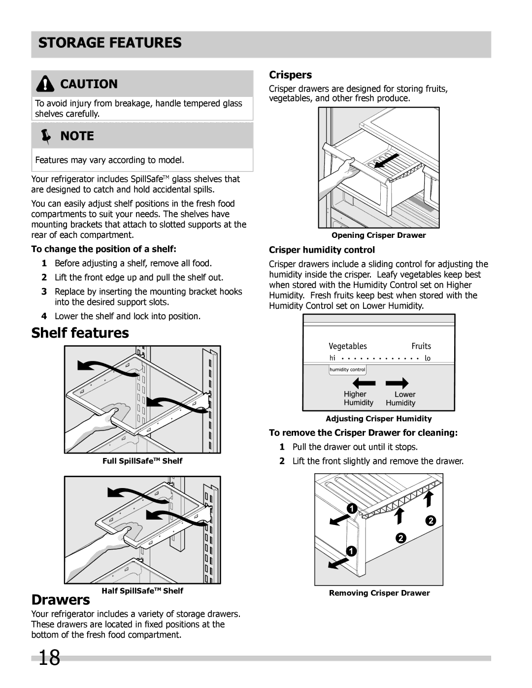 Frigidaire 242046800 important safety instructions Storage Features, Shelf features, Drawers, Crispers 