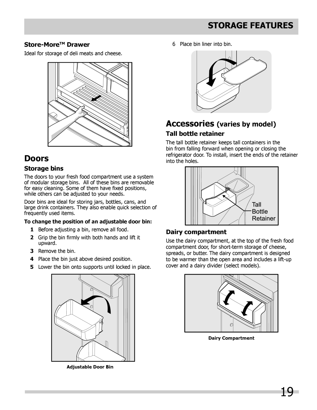 Frigidaire 242046800 Doors, Store-MoreTMDrawer, Storage bins, Tall bottle retainer, Dairy compartment 