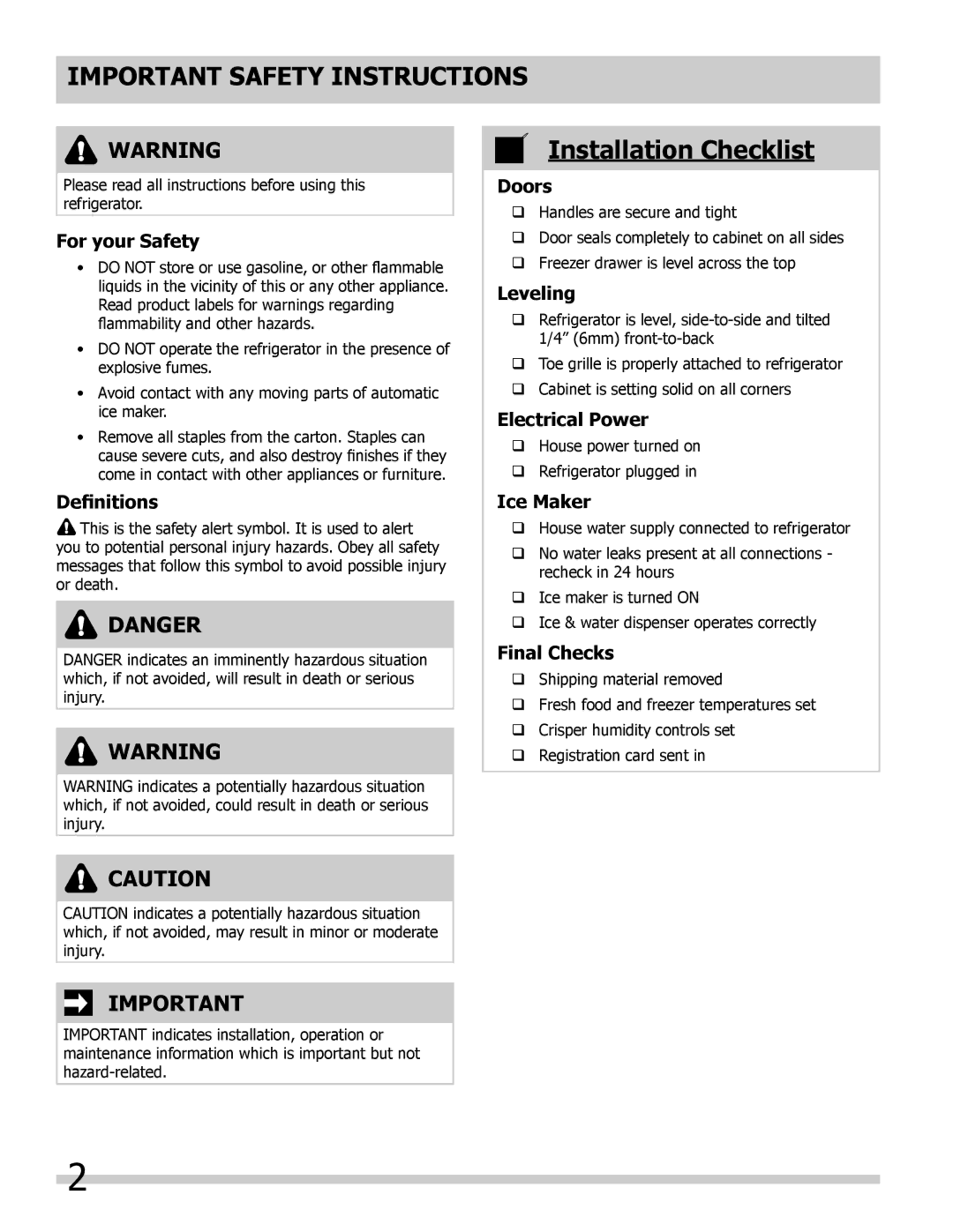 Frigidaire 242046800 important safety instructions Important Safety Instructions, Installation Checklist 