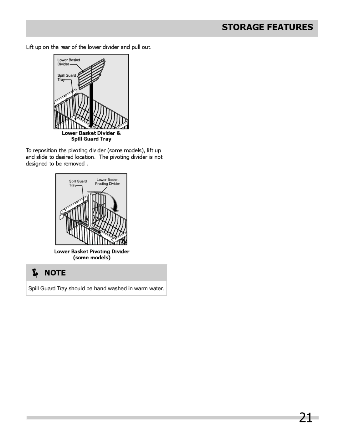 Frigidaire 242046800 important safety instructions Lift up on the rear of the lower divider and pull out 