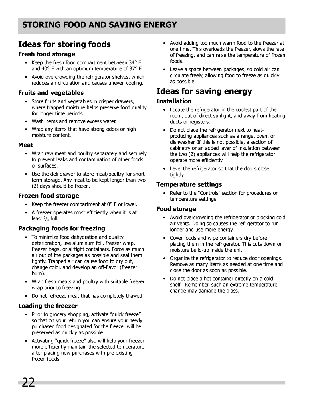 Frigidaire 242046800 Storing food and saving energy Ideas for storing foods, Ideas for saving energy 