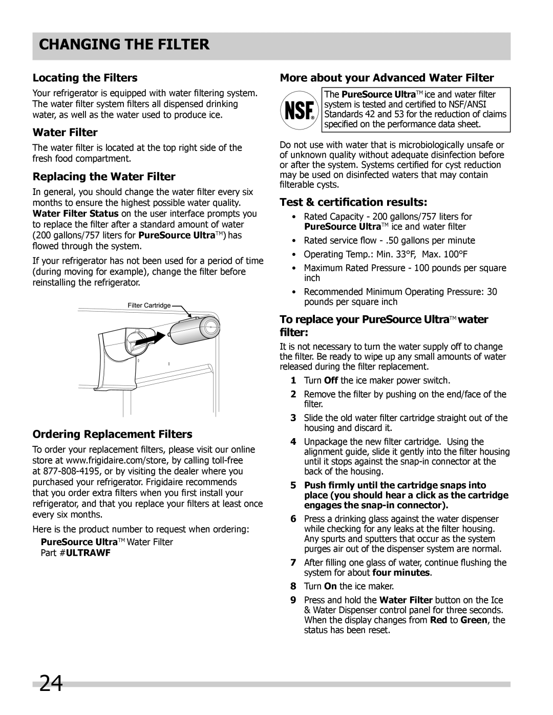 Frigidaire 242046800 Locating the Filters, Replacing the Water Filter, Ordering Replacement Filters 