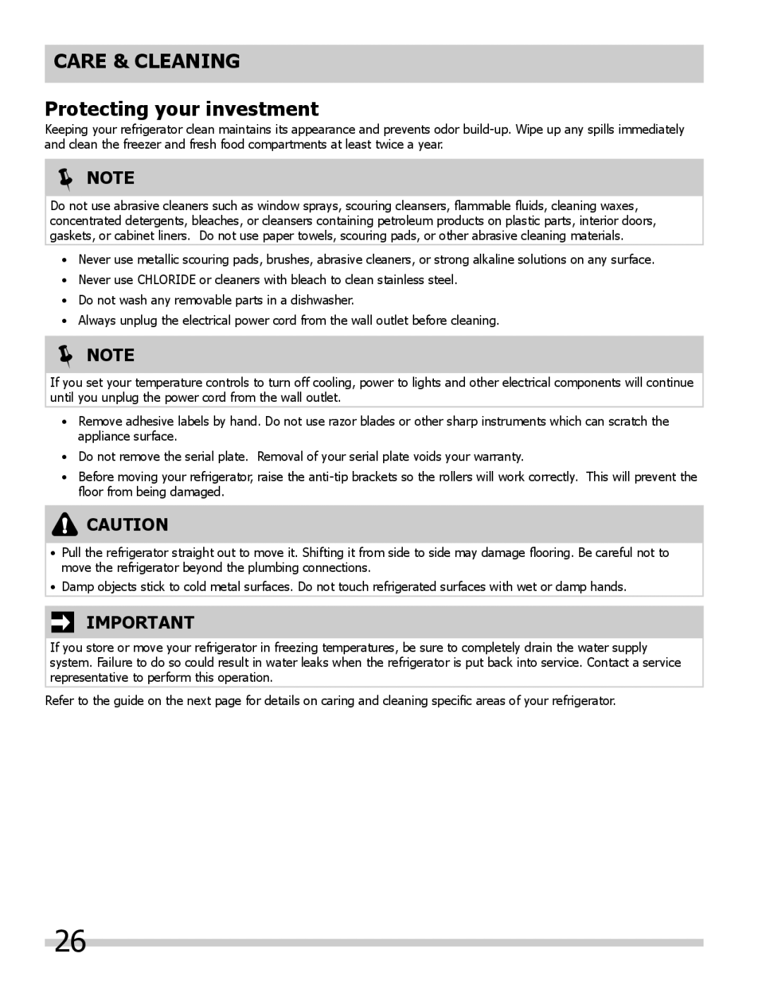 Frigidaire 242046800 important safety instructions Care & Cleaning Protecting your investment 