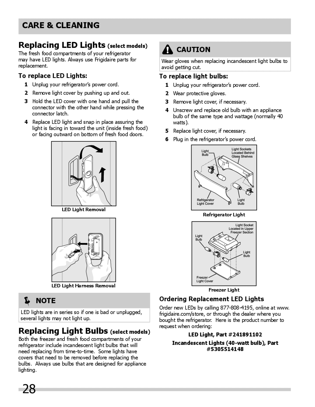 Frigidaire 242046800 Care & Cleaning Replacing LED Lights select models, Replacing Light Bulbs select models 