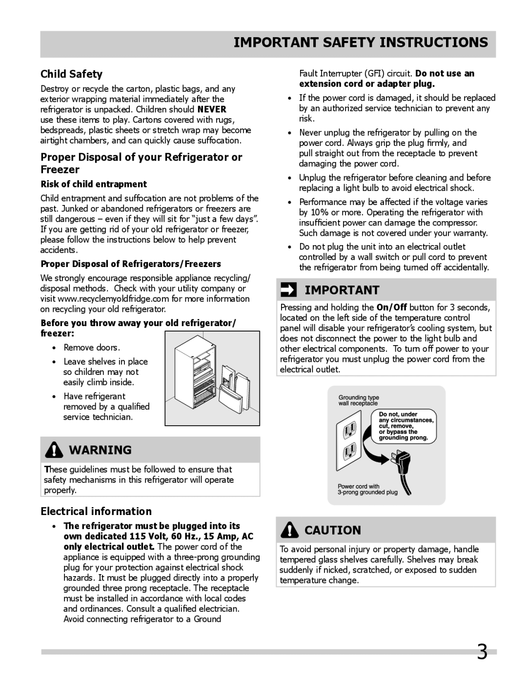 Frigidaire 242046800 Child Safety, Proper Disposal of your Refrigerator or Freezer, Electrical information 