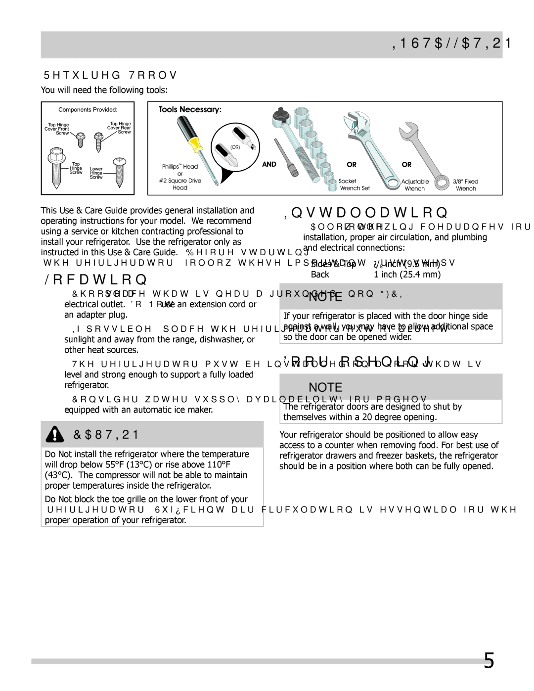 Frigidaire 242046800 important safety instructions Installation, Location, Door opening, Required Tools 