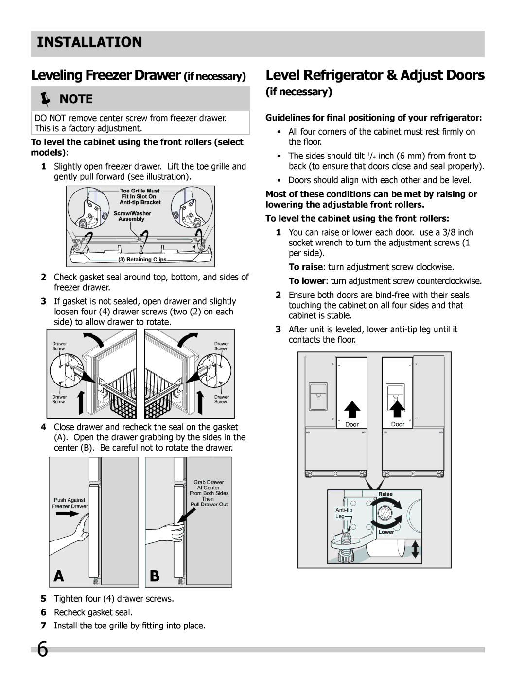 Frigidaire 242046800 important safety instructions Level Refrigerator & Adjust Doors, If necessary 