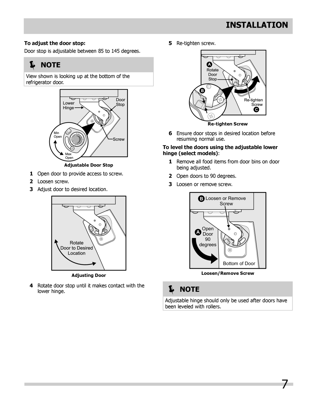 Frigidaire 242046800 important safety instructions To adjust the door stop 