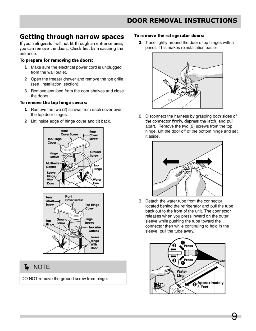 Frigidaire 242046800 Door Removal Instructions Getting through narrow spaces, To prepare for removing the doors 