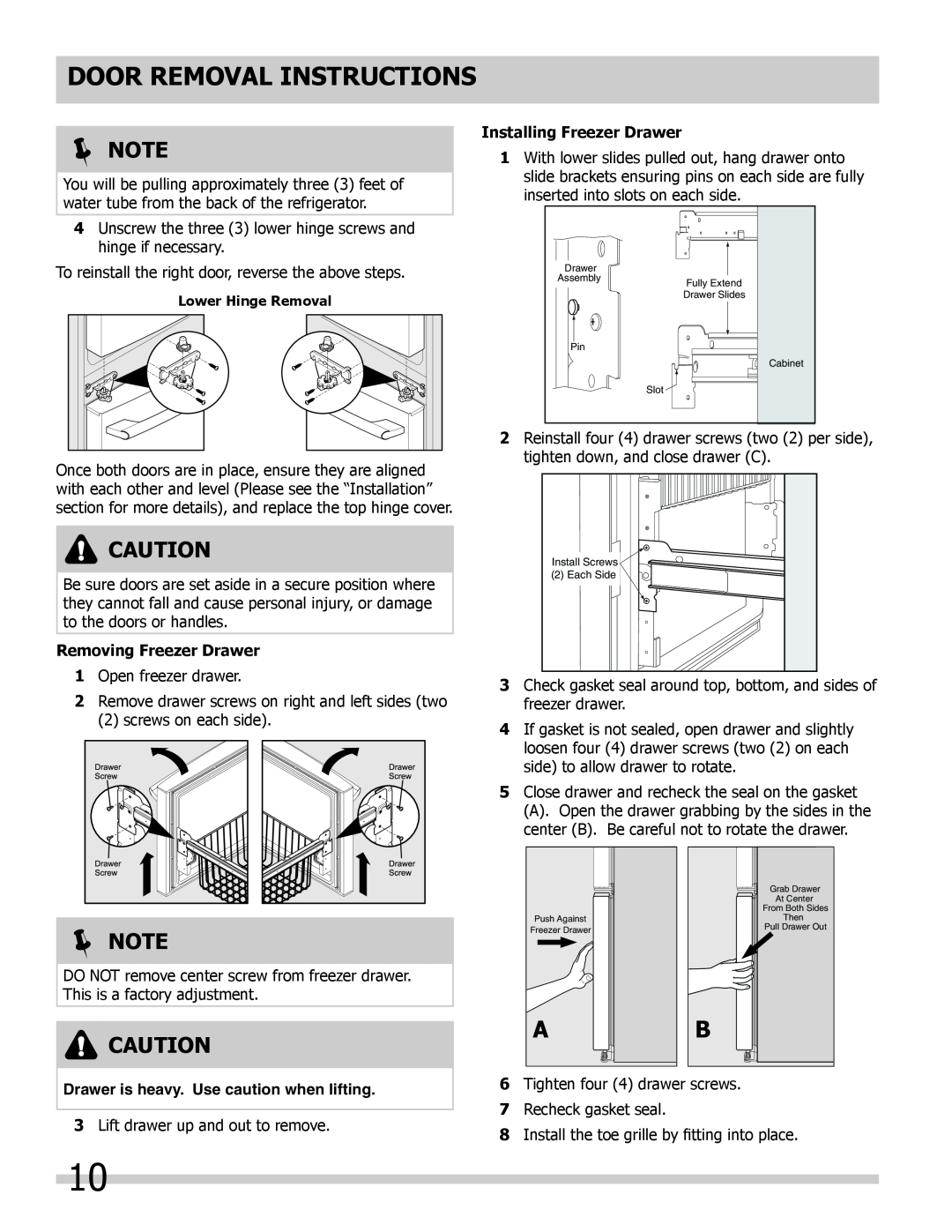 Frigidaire 242046800 Removing Freezer Drawer, Installing Freezer Drawer, Door Removal Instructions,  Note 