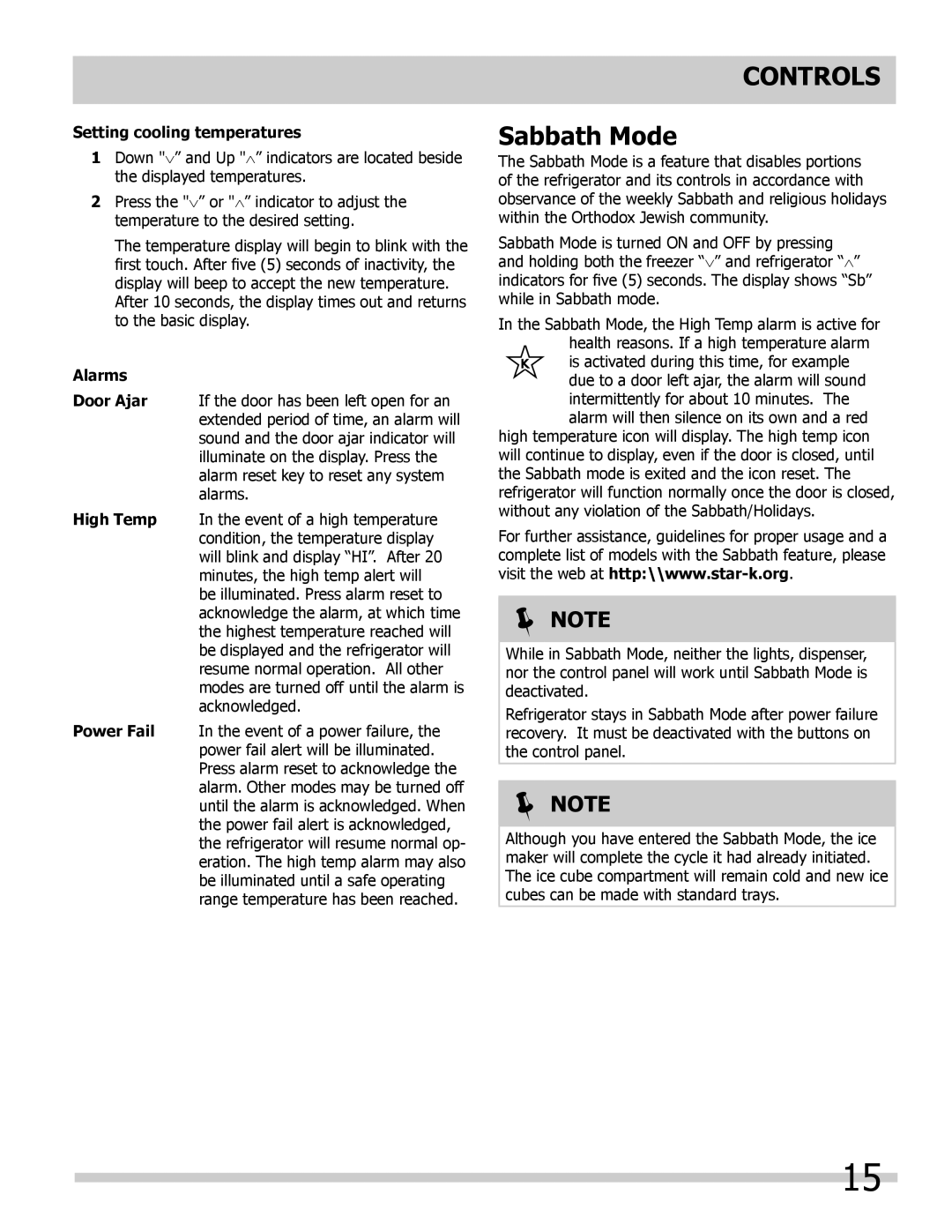 Frigidaire 242046800 important safety instructions Controls Sabbath Mode, Setting cooling temperatures, Alarms,  Note 