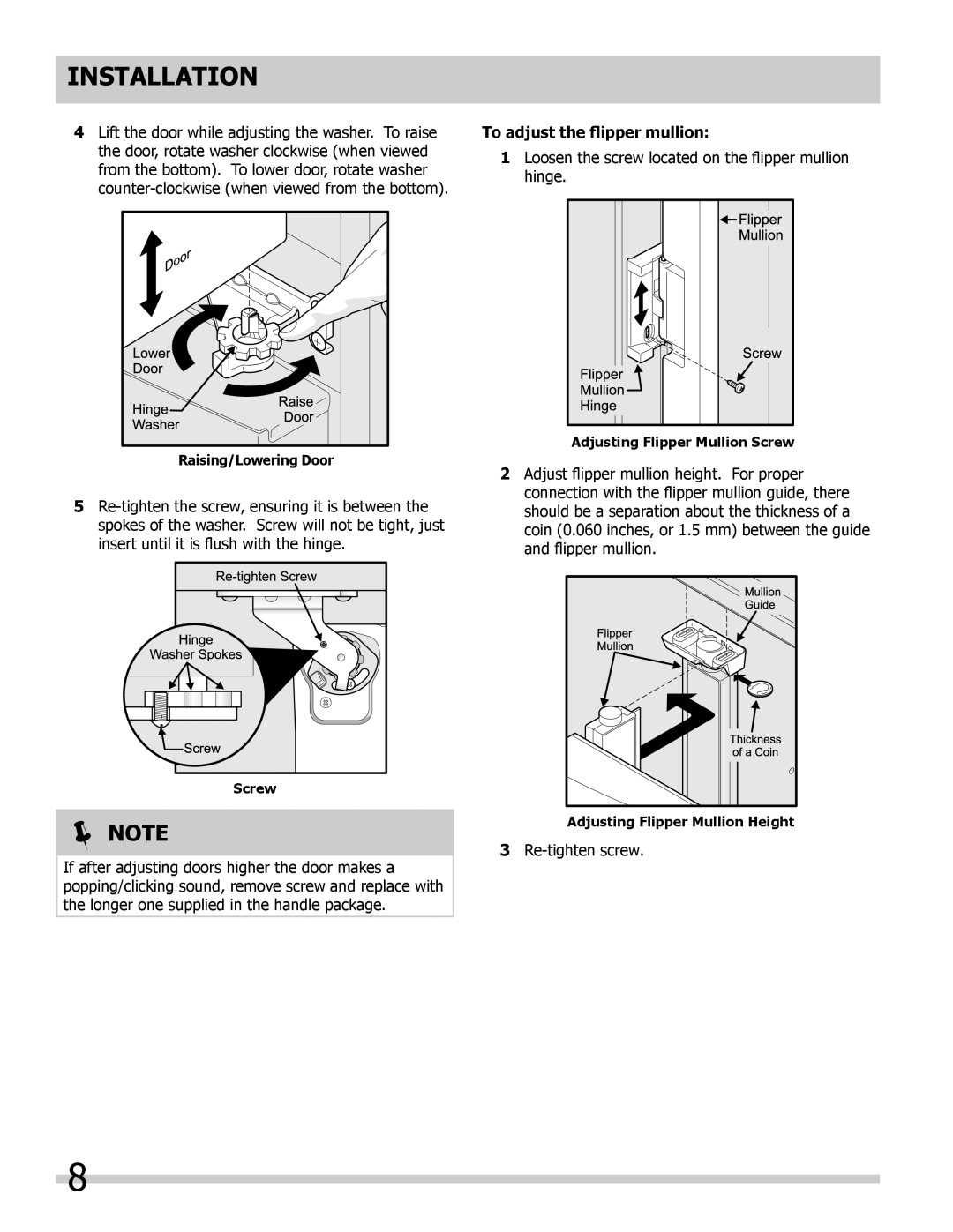 Frigidaire 242046800 important safety instructions To adjust the flipper mullion, Installation,  Note 