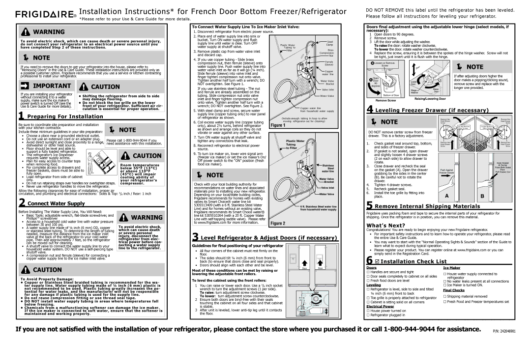 Frigidaire 242046901 installation instructions  Note, Note 