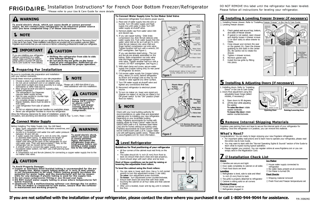 Frigidaire 242062402 installation instructions  Note, Note 