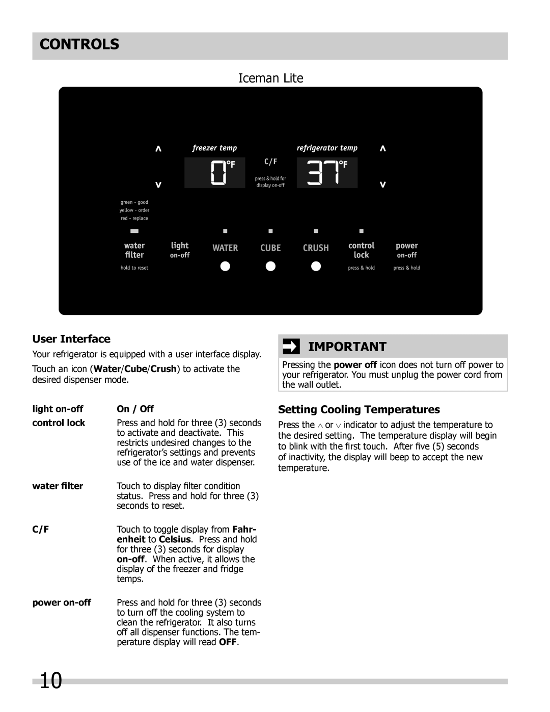 Frigidaire 242063600 important safety instructions Controls, User Interface, Setting Cooling Temperatures 