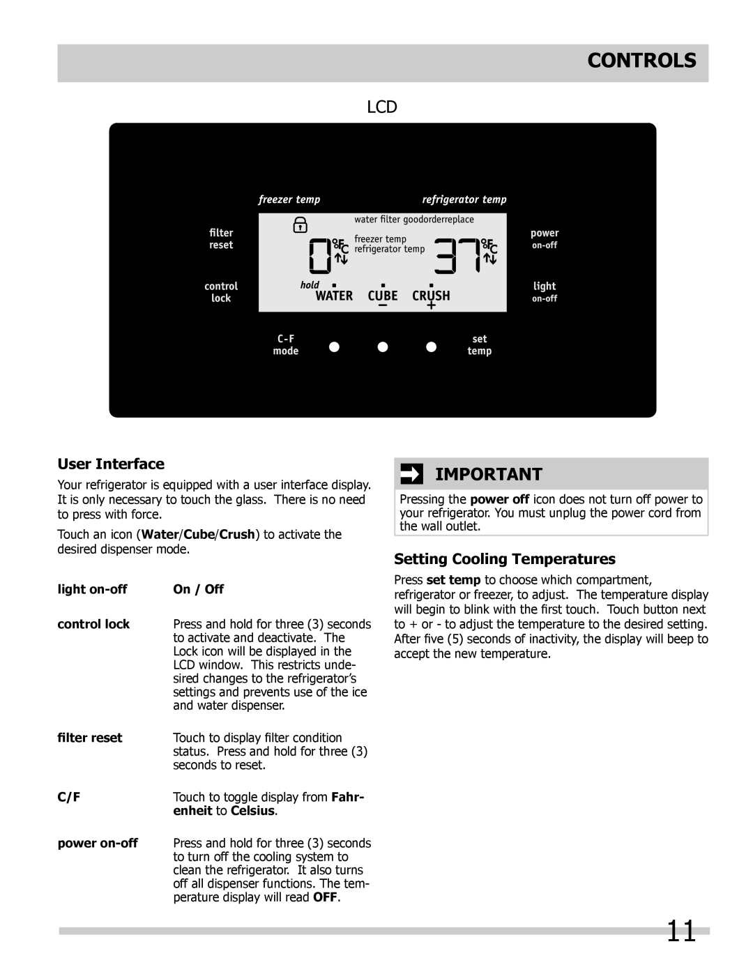 Frigidaire 242063600 important safety instructions Light on-off On / Off, Filter reset, Enheit to Celsius 