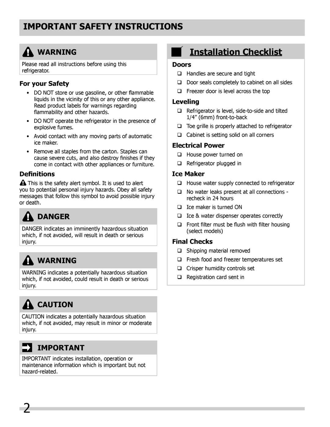 Frigidaire 242063600 important safety instructions Important Safety Instructions, Installation Checklist 