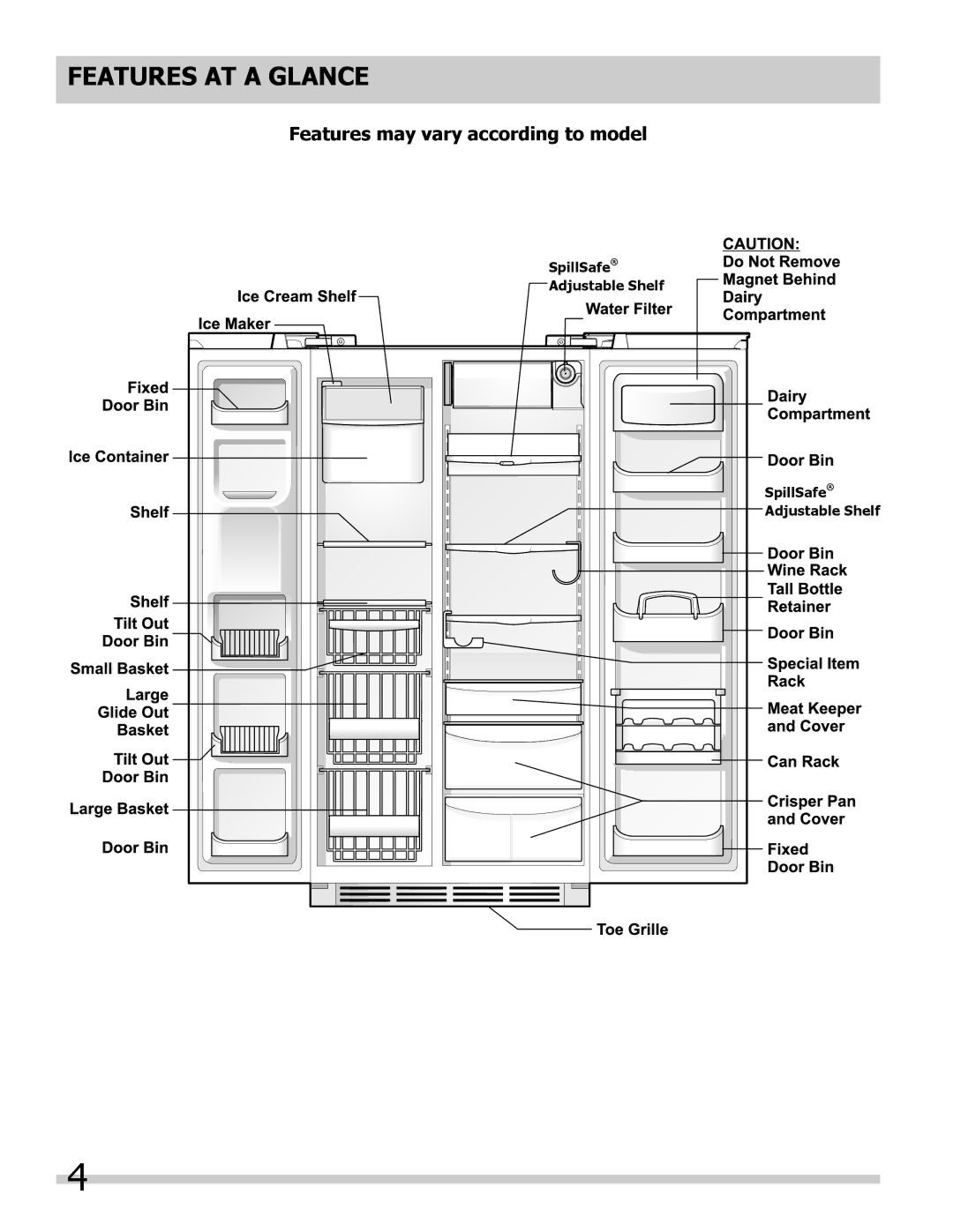 Frigidaire 242063600 Features At a Glance, Features may vary according to model, SpillSafe Adjustable Shelf 