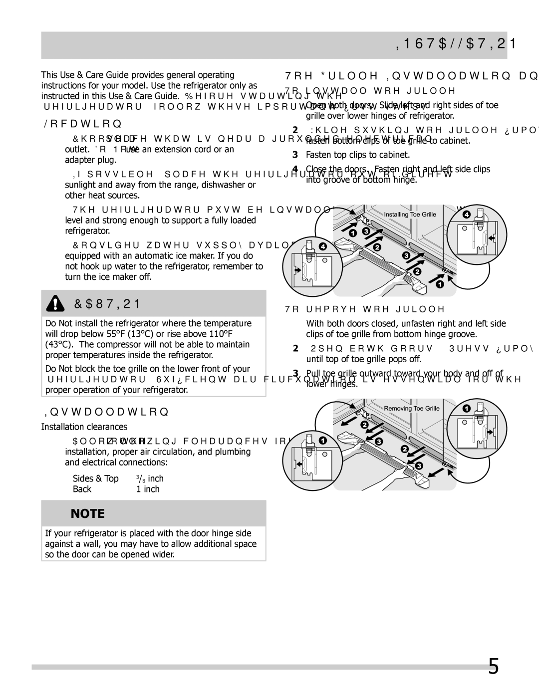 Frigidaire 242063600 important safety instructions Location, Toe Grille Installation and Removal 