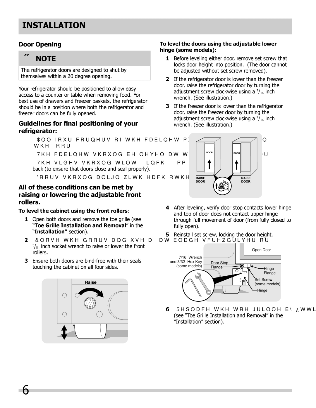 Frigidaire 242063600 important safety instructions Door Opening, Guidelines for final positioning of your refrigerator 